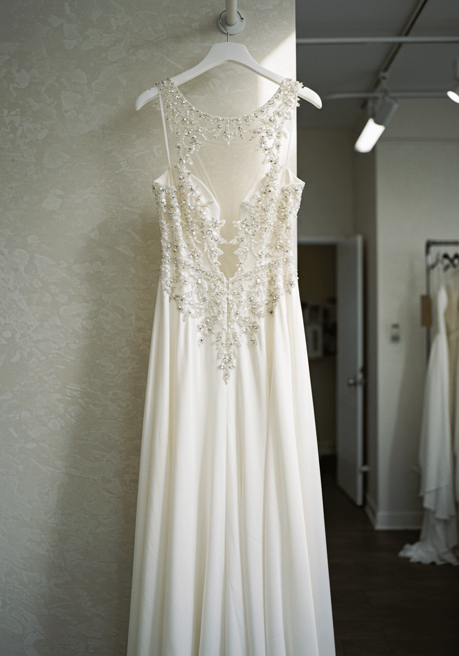 Artistic close-up of iridescent beading pattern on modern wedding dress with tactile luxury details