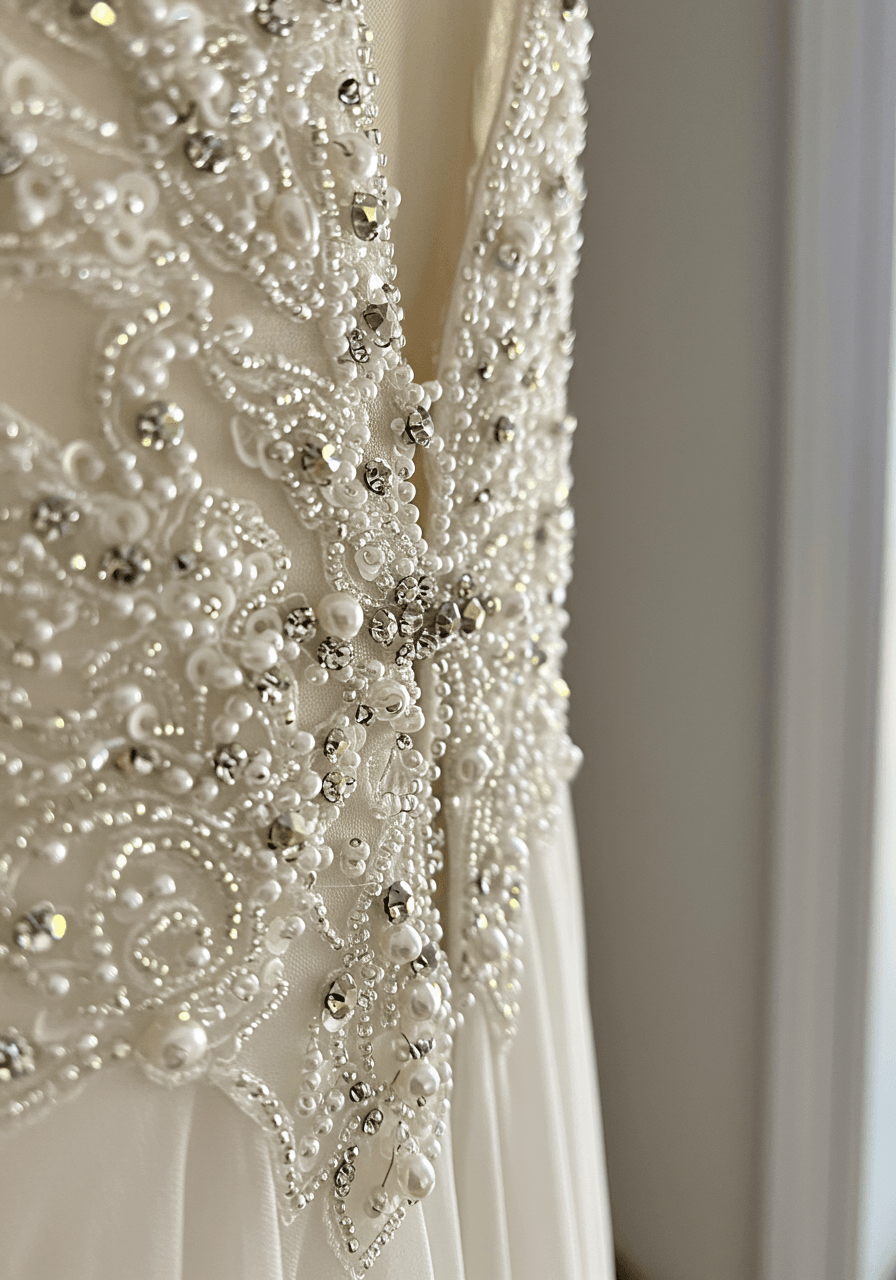Detailed view of hand-crafted embellishments and delicate beadwork on contemporary bridal gown