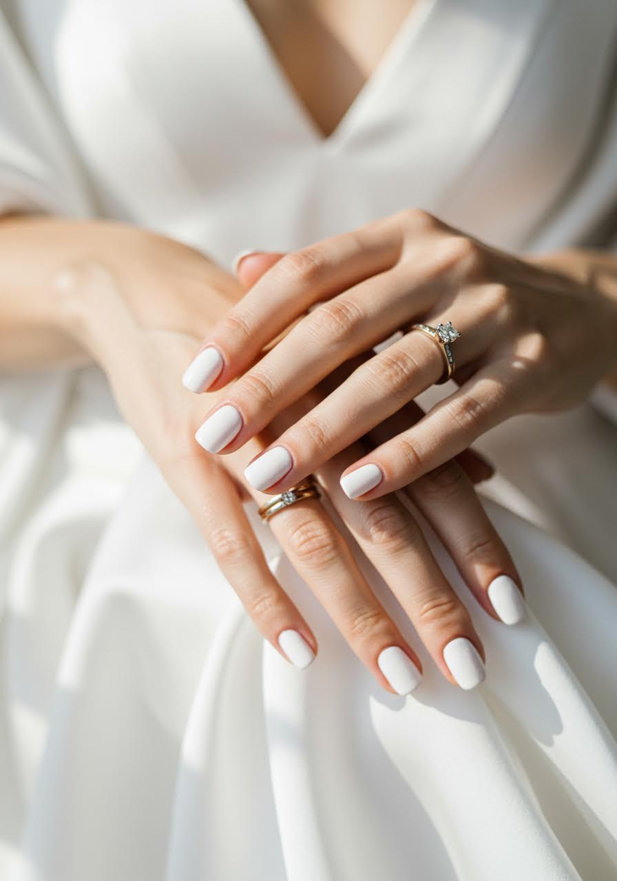 Minimalist white nail polish on bride's hands positioned gracefully on pure white silk