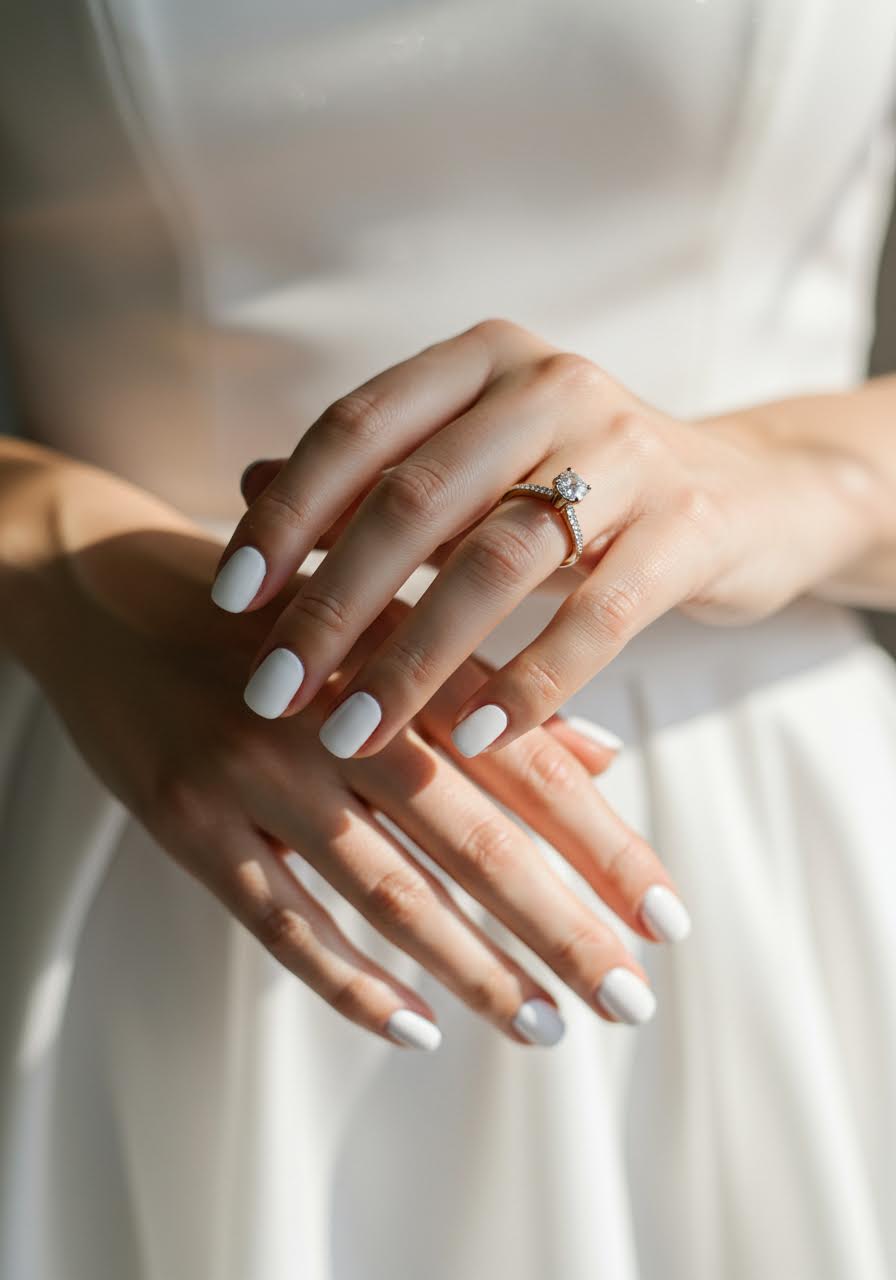 Bride's engagement ring showcased against pure white manicured nails in soft morning light