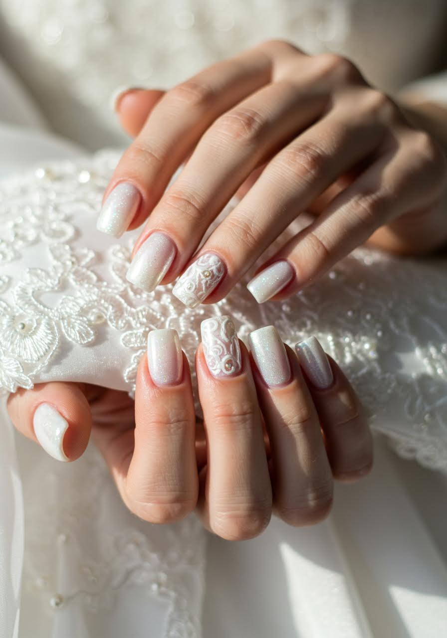 White nails with subtle shimmer and delicate textured patterns on silk fabric