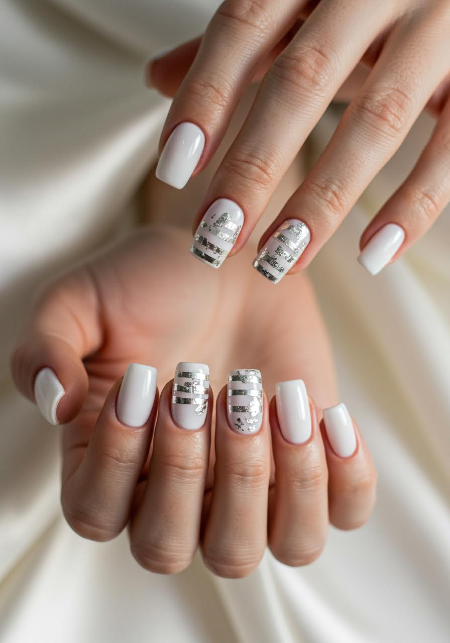 Bridesmaid's hands displaying intricate silver foil nail art details in elegant fan formation