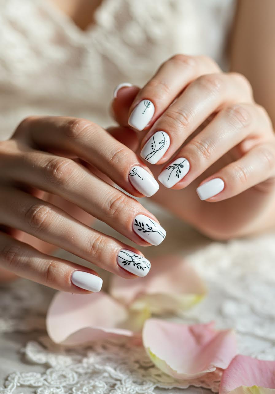 White nails featuring delicate black line art with geometric patterns and botanical motifs