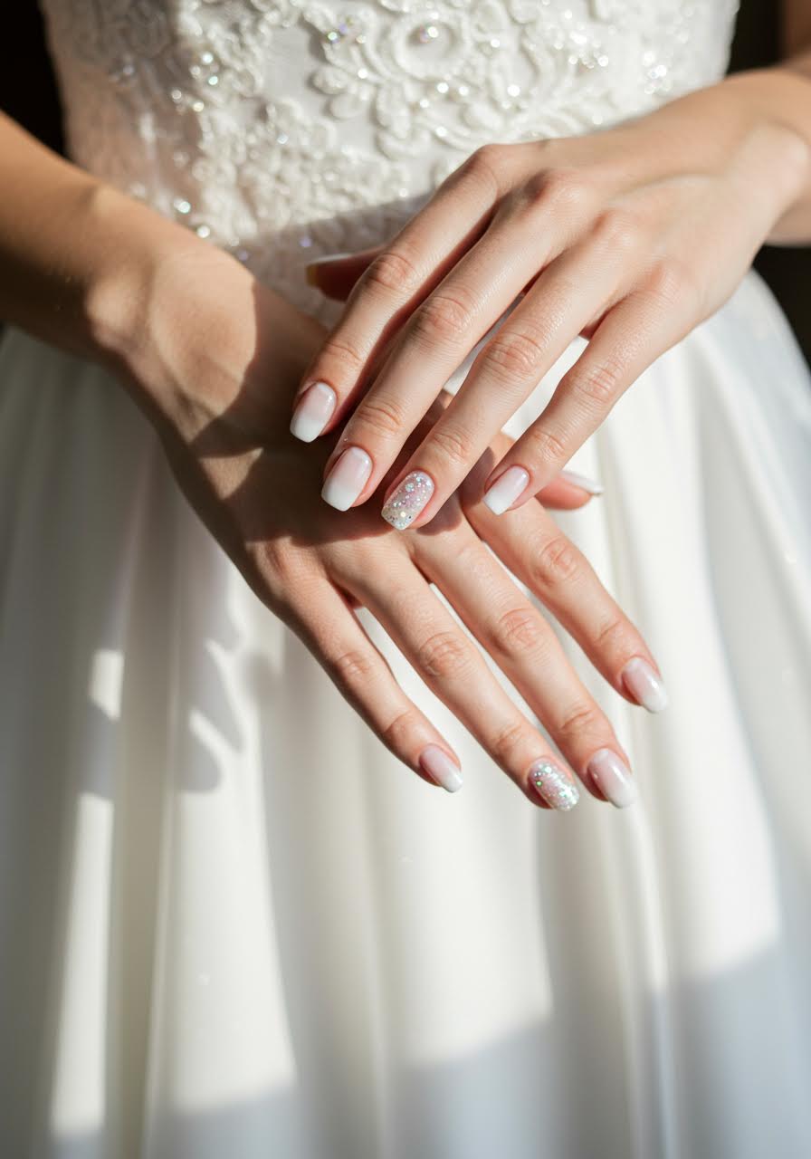 Subtle ombre manicure with pearl shimmer effect on luxurious wedding dress fabric