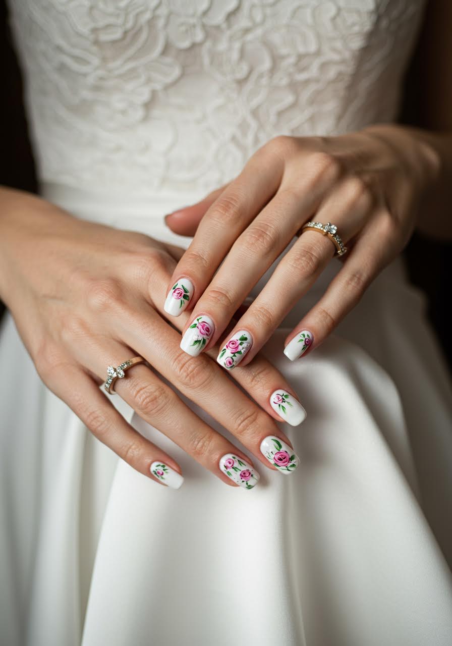 White nails featuring delicate painted roses and baby's breath floral designs