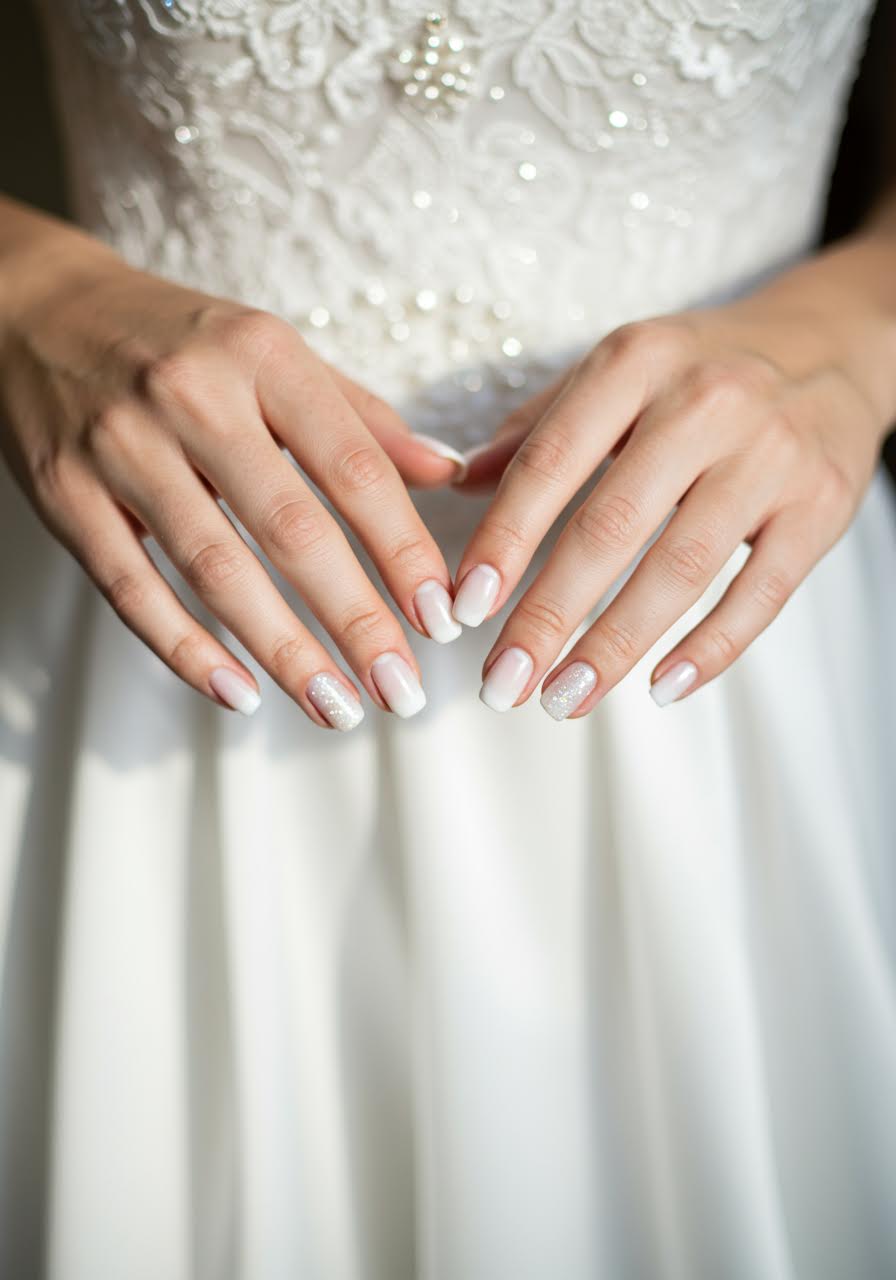 Bride's white ombre nail art transitioning seamlessly from pure white to soft ivory tones