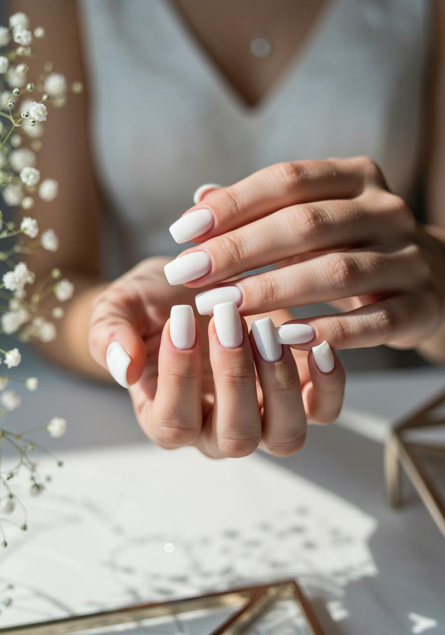 Modern bride's matte white nail polish in sleek minimalist contemporary setting