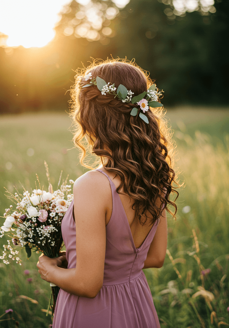 Bridesmaid with side-swept curls adorned with wildflowers in sun-dappled meadow during golden hour