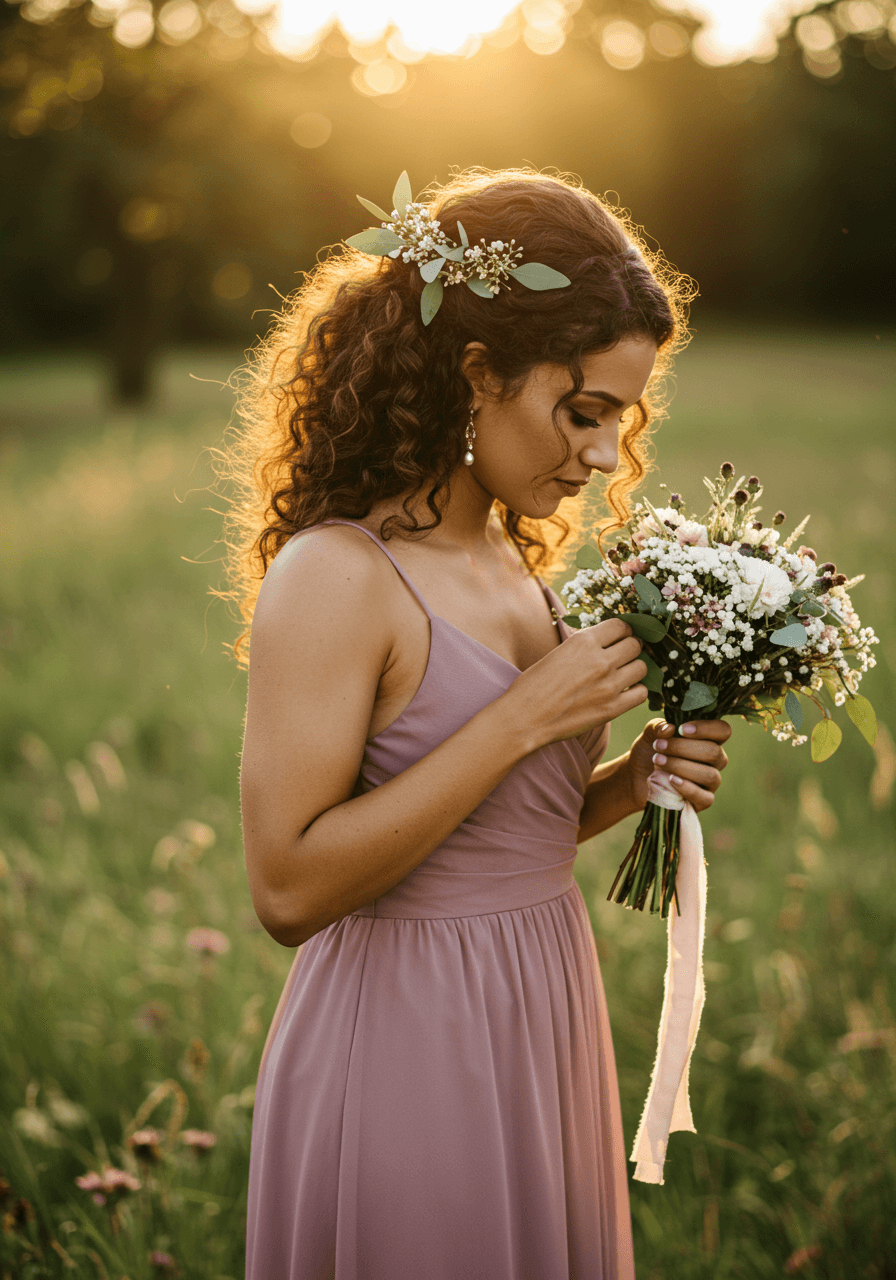 Close-up of bridesmaid adjusting dusty rose chiffon dress with wildflower-adorned side-swept curls in meadow