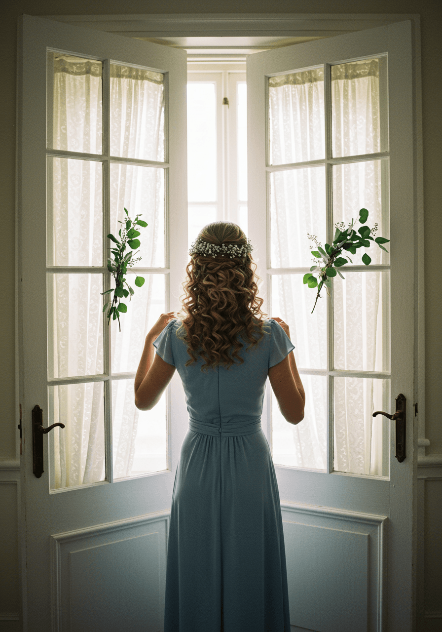 Bridesmaid in dusty blue silk dress with textured low chignon in ornate bridal suite with antique mirrors