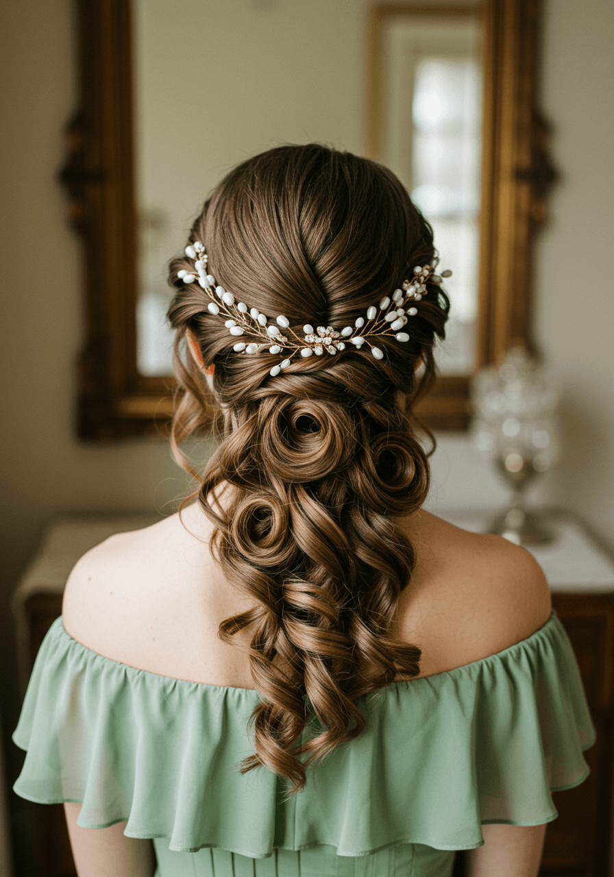 Bridesmaid with natural curls adorned with white baby's breath and blush pink roses in sunlit garden pavilion