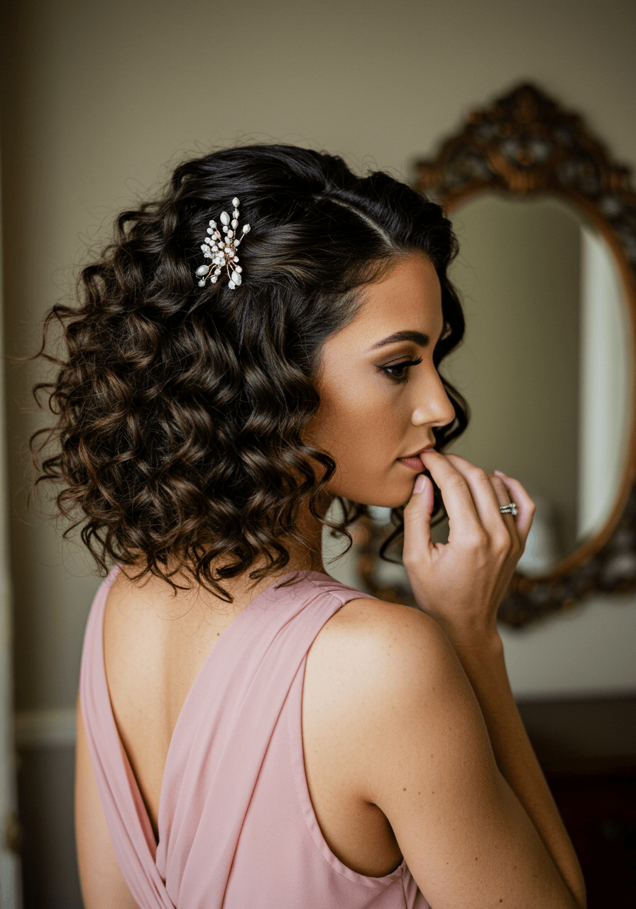 Bridesmaid with textured curls featuring deep side part looking over shoulder in dusty rose chiffon in ornate bridal suite