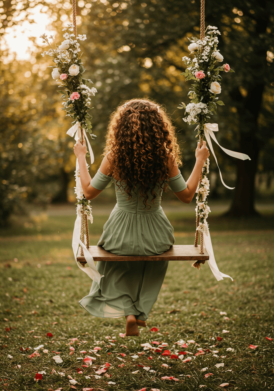 Wide shot of bridesmaid on ribbon-draped swing with shoulder-swept curls in sage green off-shoulder dress