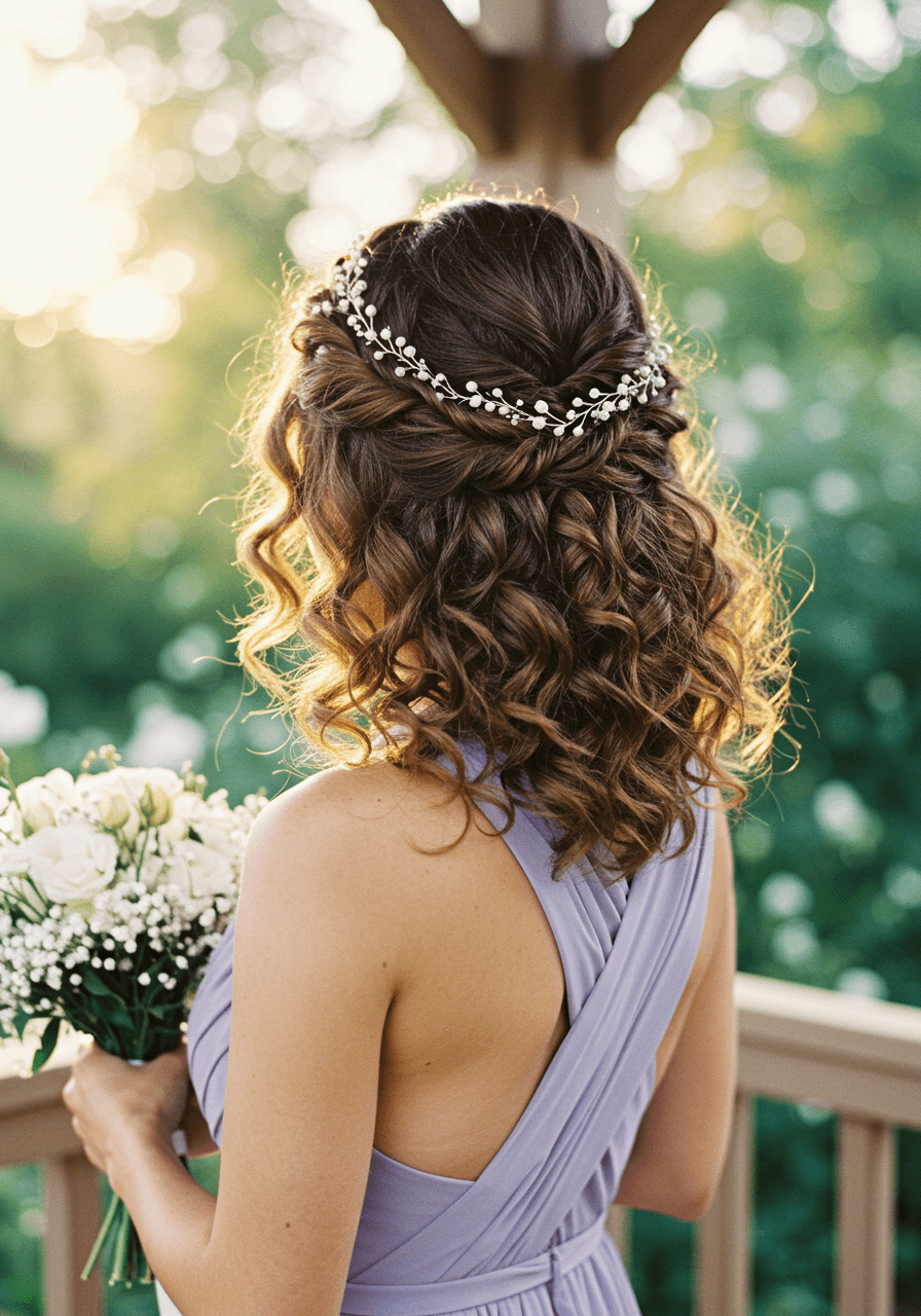 Bridesmaid with twisted crown updo wearing soft lavender dress in sunlit garden pavilion during golden hour
