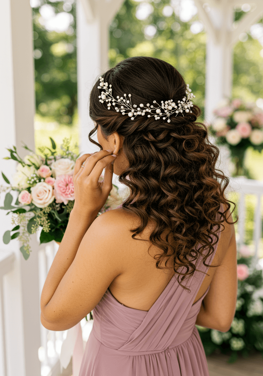 Close-up of bridesmaid adjusting pearl accessories in voluminous crown updo with white columns backdrop