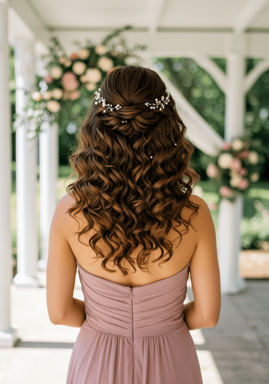 Bridesmaid with dramatic crown updo and cascading ringlets wearing dusty rose dress in sunlit garden pavilion