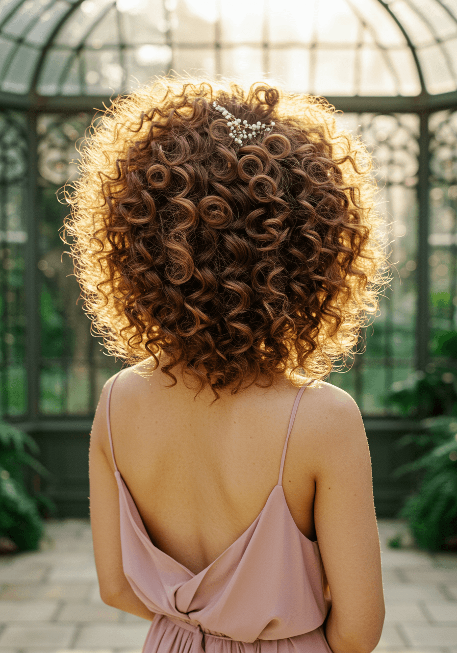 Bridesmaid with architectural crown updo and cascading curls in dusty rose silk gown beside ornate conservatory ironwork