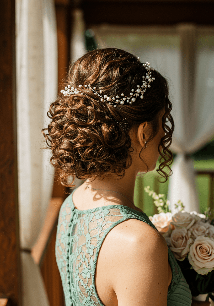 Bridesmaid with textured low bun and face-framing curls wearing sage green dress in sunlit garden pavilion