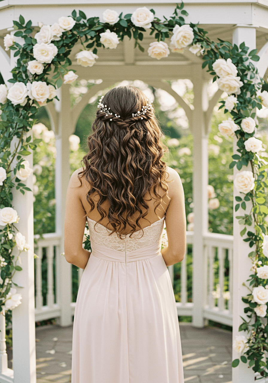 Bridesmaid with soft voluminous curls cascading down shoulders wearing blush pink chiffon in sunlit garden gazebo with white roses
