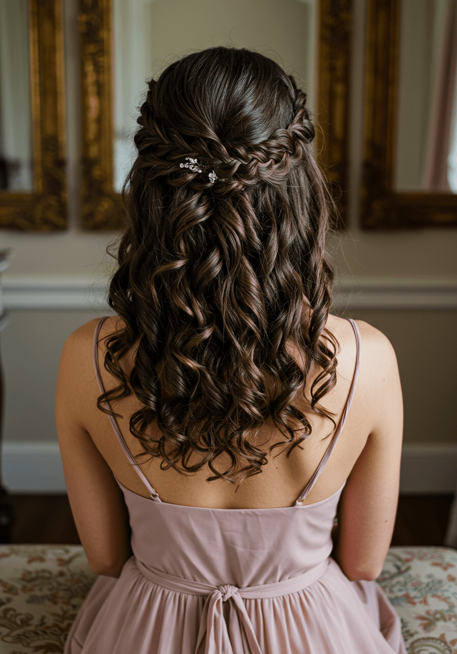 Back view of bridesmaid's crown braid transitioning into textured low side bun wearing dusty rose silk on vintage velvet bench
