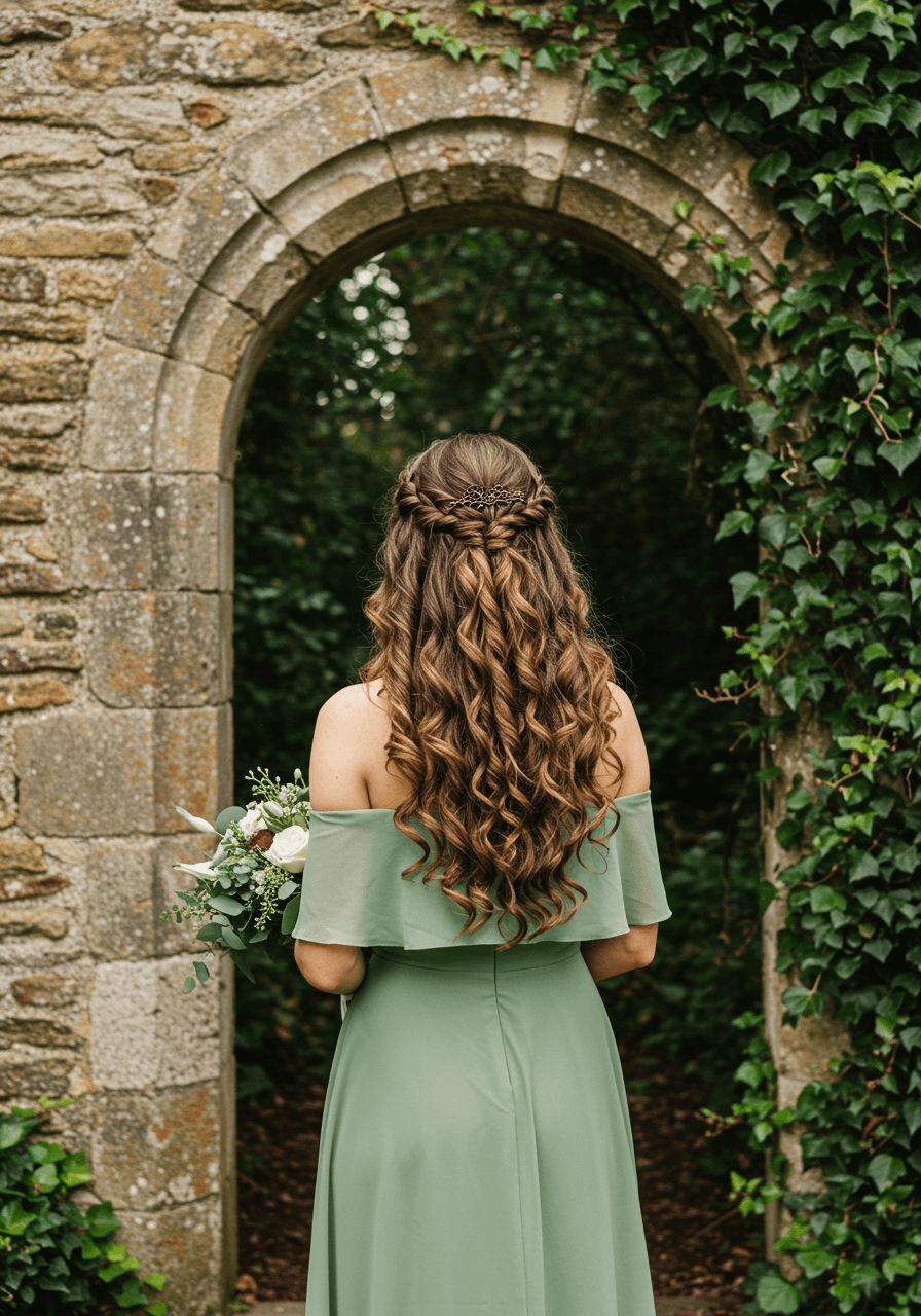 Bridesmaid with braided crown hairstyle near ivy-covered stone archway in soft morning light