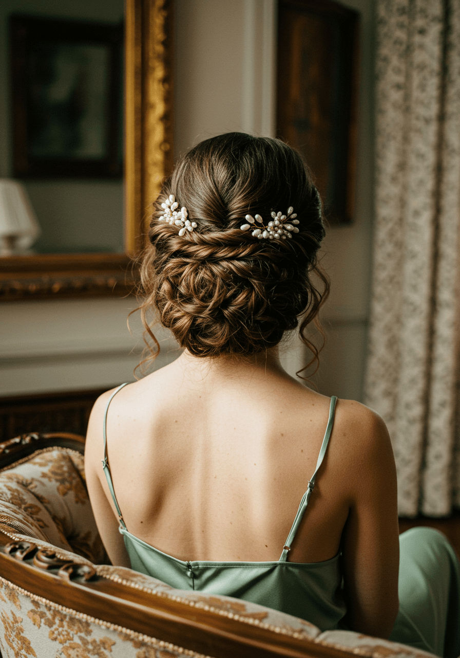 Bridesmaid with tousled beach wave curls wearing sage green chiffon on sandy beach with ocean waves in golden hour