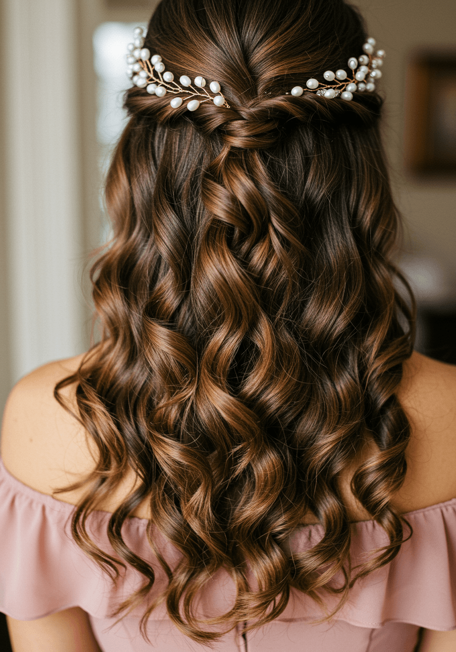 Macro detail of naturally textured loose curls adorned with pearl pins wearing dusty rose off-shoulder dress
