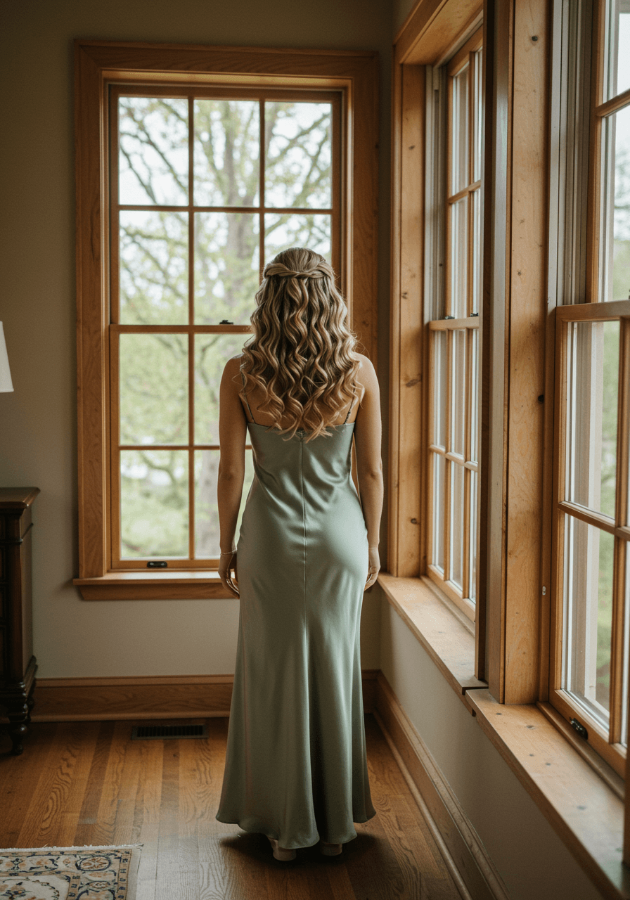 Bridesmaid with defined spiral curls in elegant bridal suite with French windows wearing sage green silk and pearls