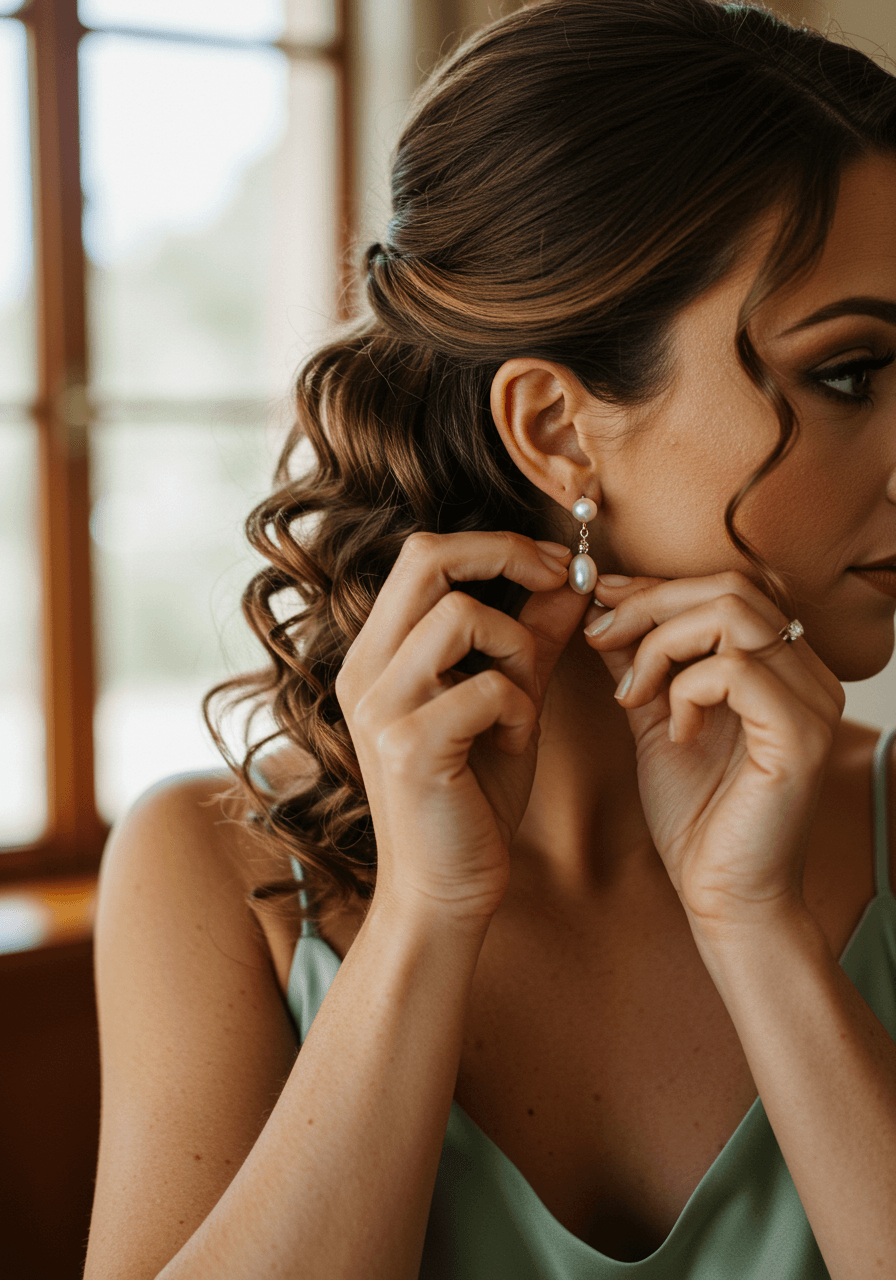 Close-up of perfectly defined spiral curls framing bridesmaid's face as she adjusts pearl drop earrings in sage green silk