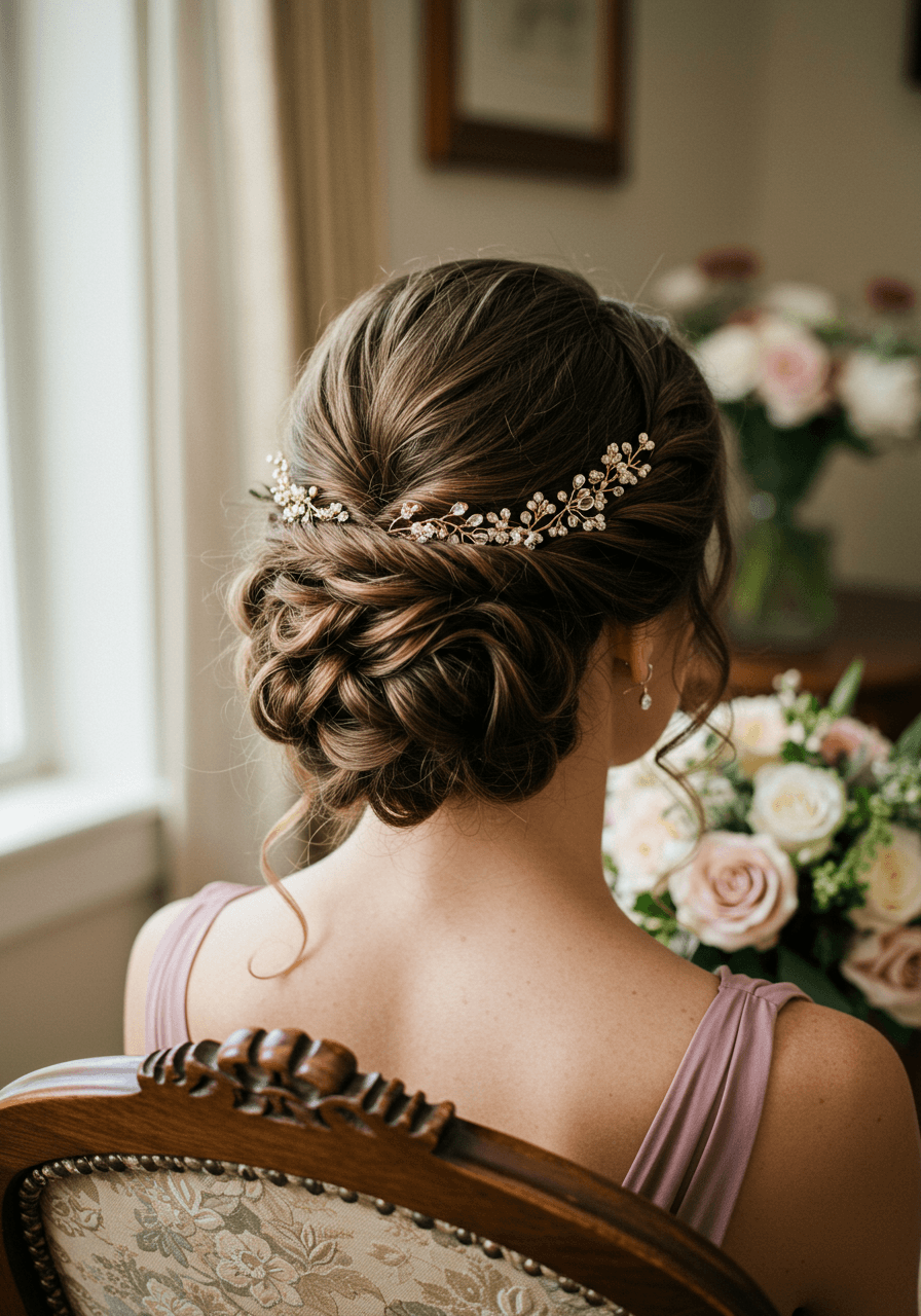 Close-up of bridesmaid's twisted crown updo with loose tendrils on ornate vintage chair in morning light