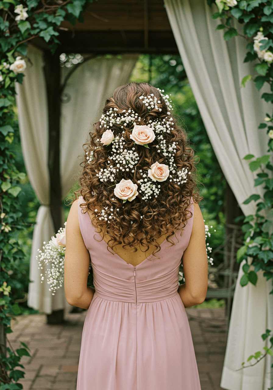 Bridesmaid with golden-brown curls in half-up style adorned with pink roses baby's breath and trailing ivy wearing blush off-shoulder dress