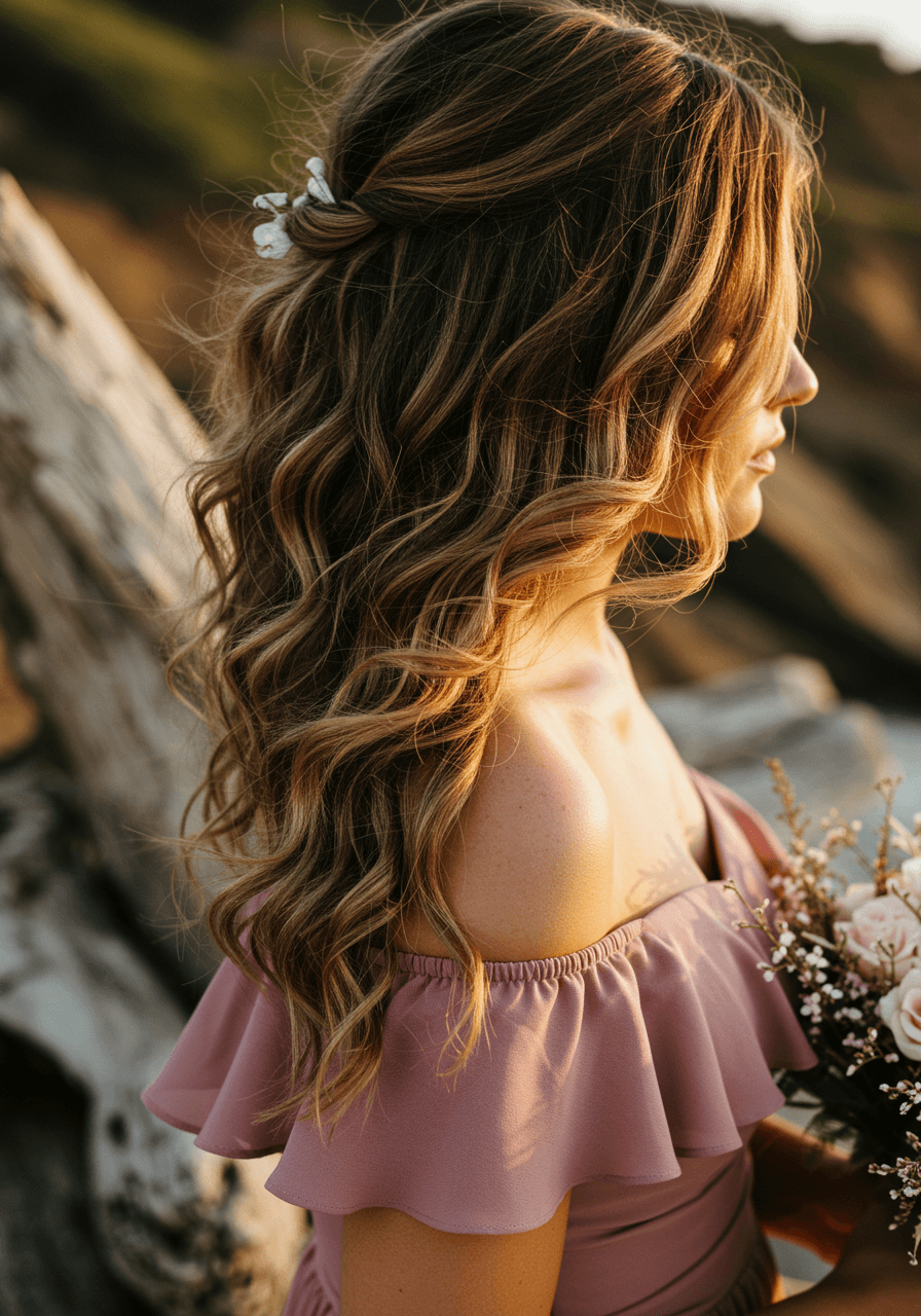Wide shot of bridesmaid with beach wave curls on coastal clifftop wearing dusty rose dress with ocean background