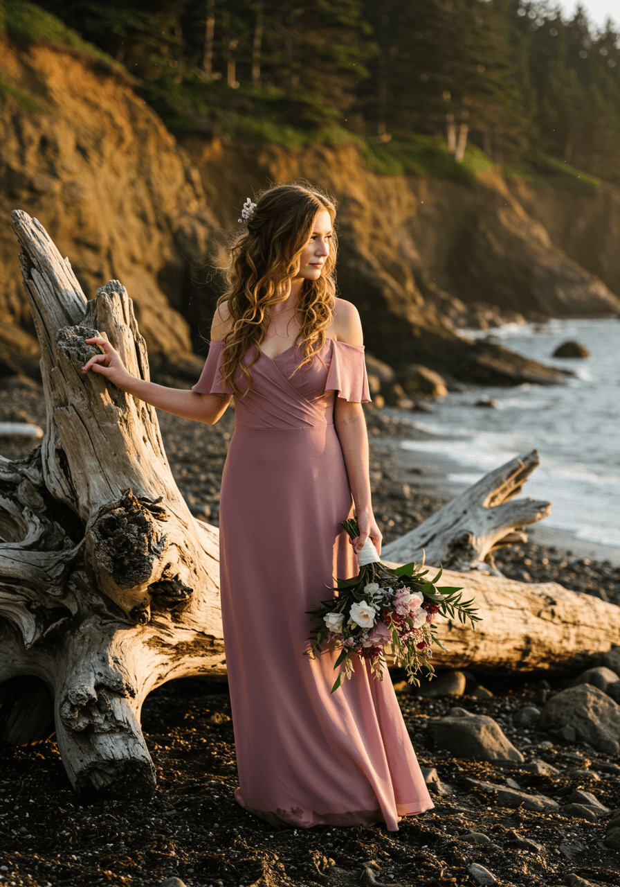 Bridesmaid with soft voluminous curls wearing blush pink chiffon in white rose garden gazebo during golden hour