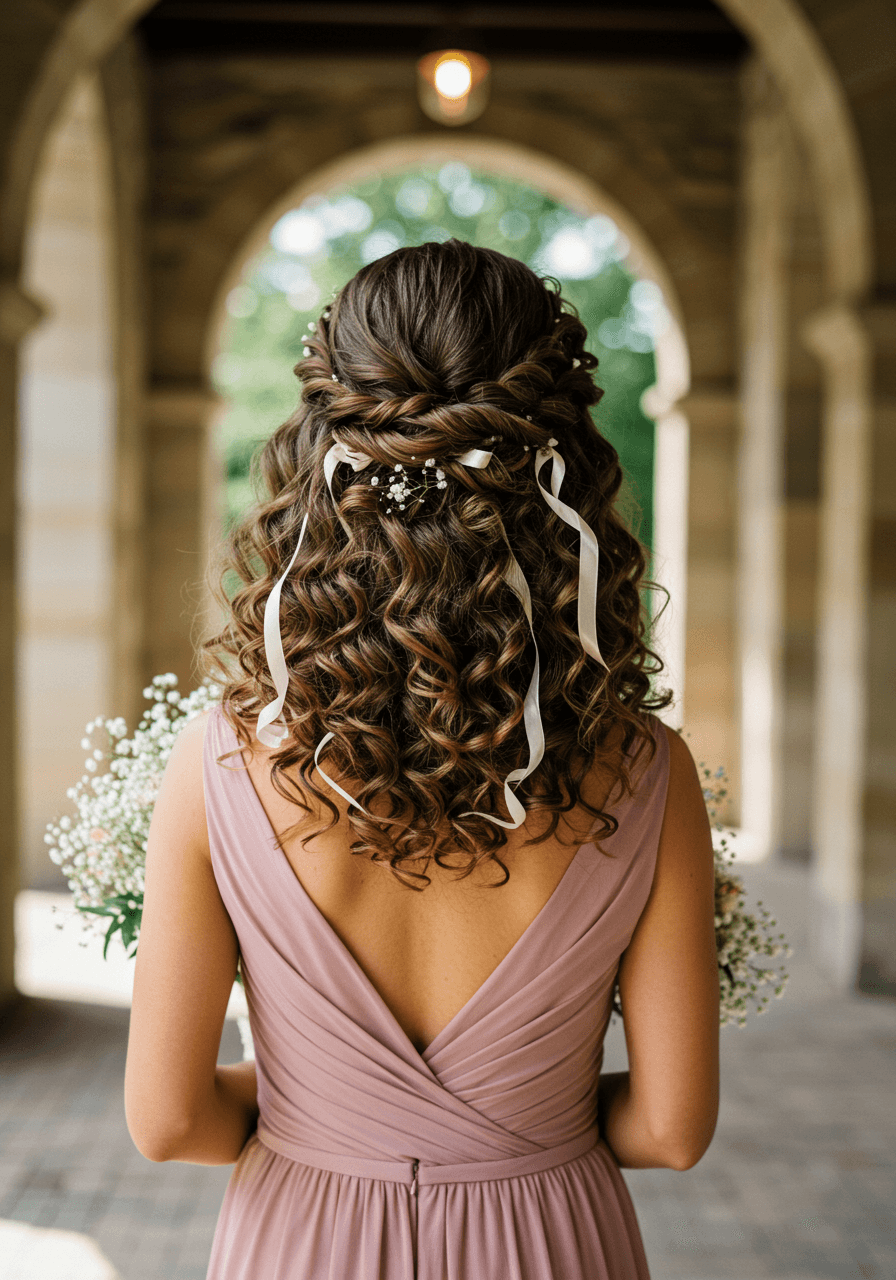 Back view detail of elaborate textured chignon with cascading curls and pearl hairpins in sage green off-shoulder dress