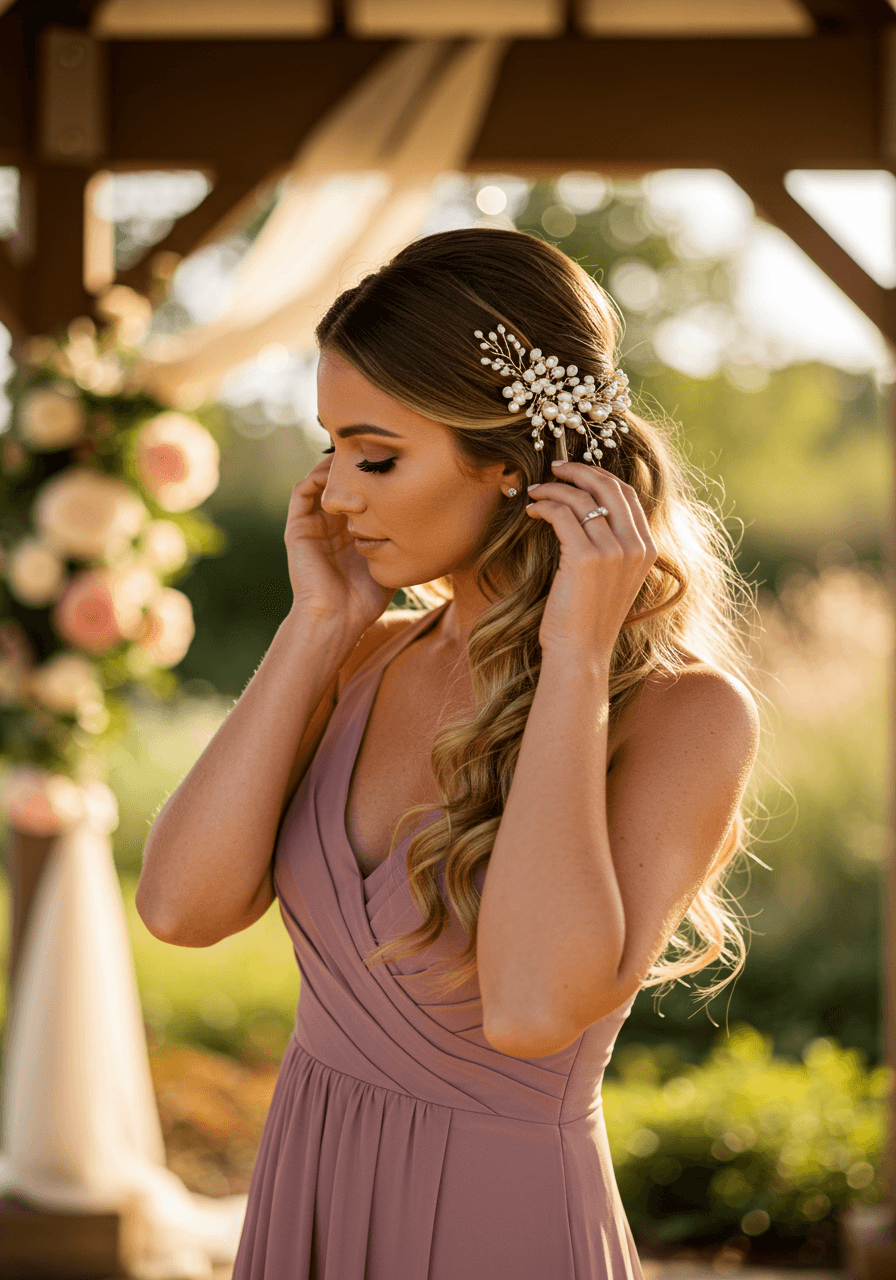 Close-up detail of cascading ringlets with pearl accessories in dusty rose bridesmaid dress with pastel blooms