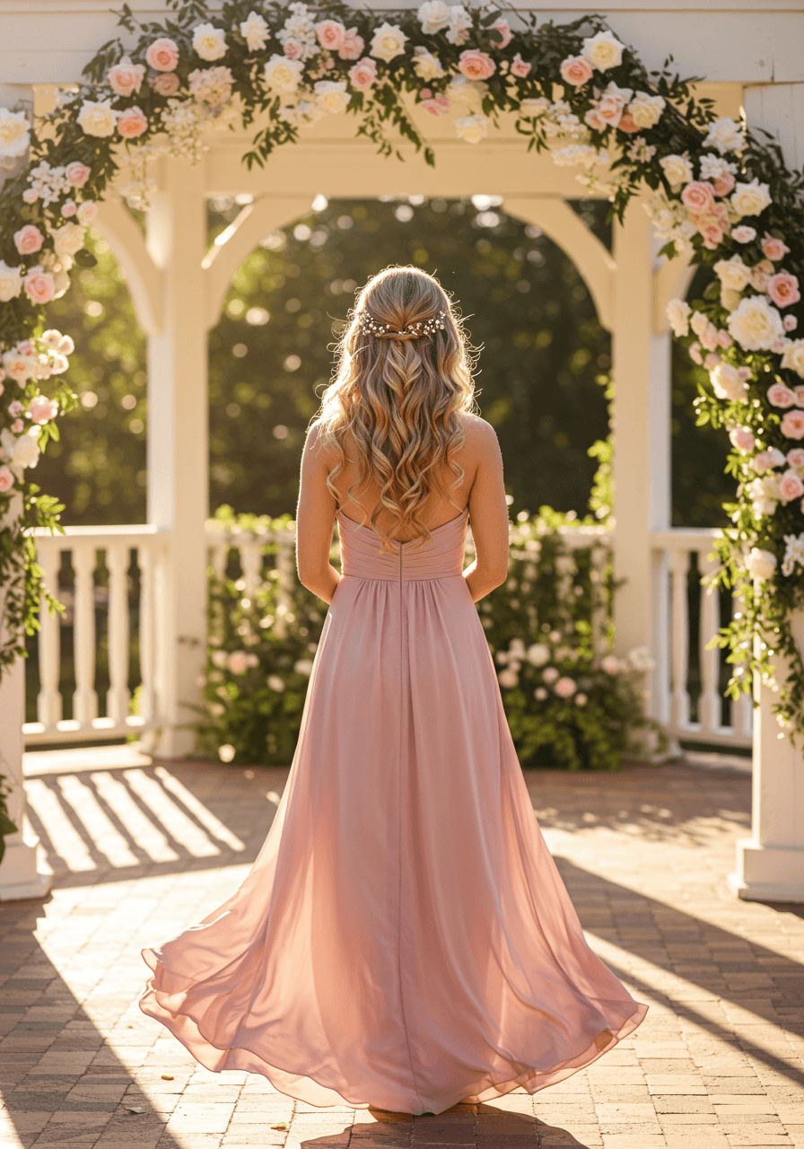 Bridesmaid with cascading ringlet curls wearing dusty rose chiffon in sunlit garden gazebo with ivory floral arch