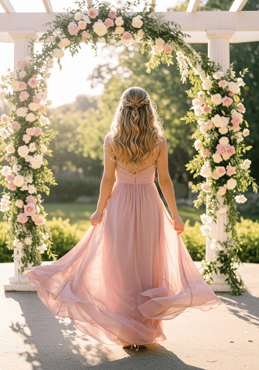 Three bridesmaids with coordinating ringlet hairstyles wearing sage green midi dresses on grand marble estate steps