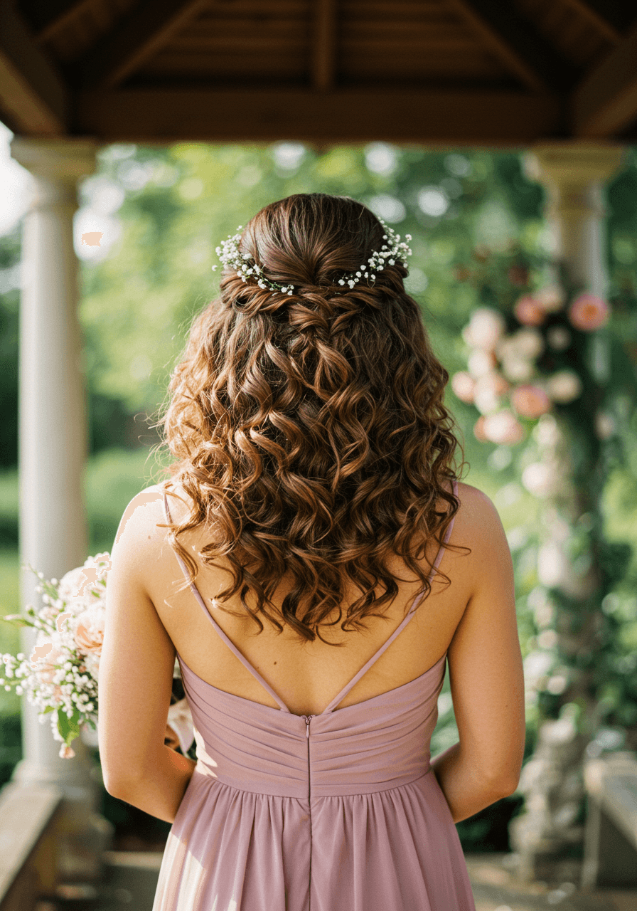 Bridesmaid with voluminous curls in half-up style wearing dusty rose chiffon dress in sunlit garden pavilion