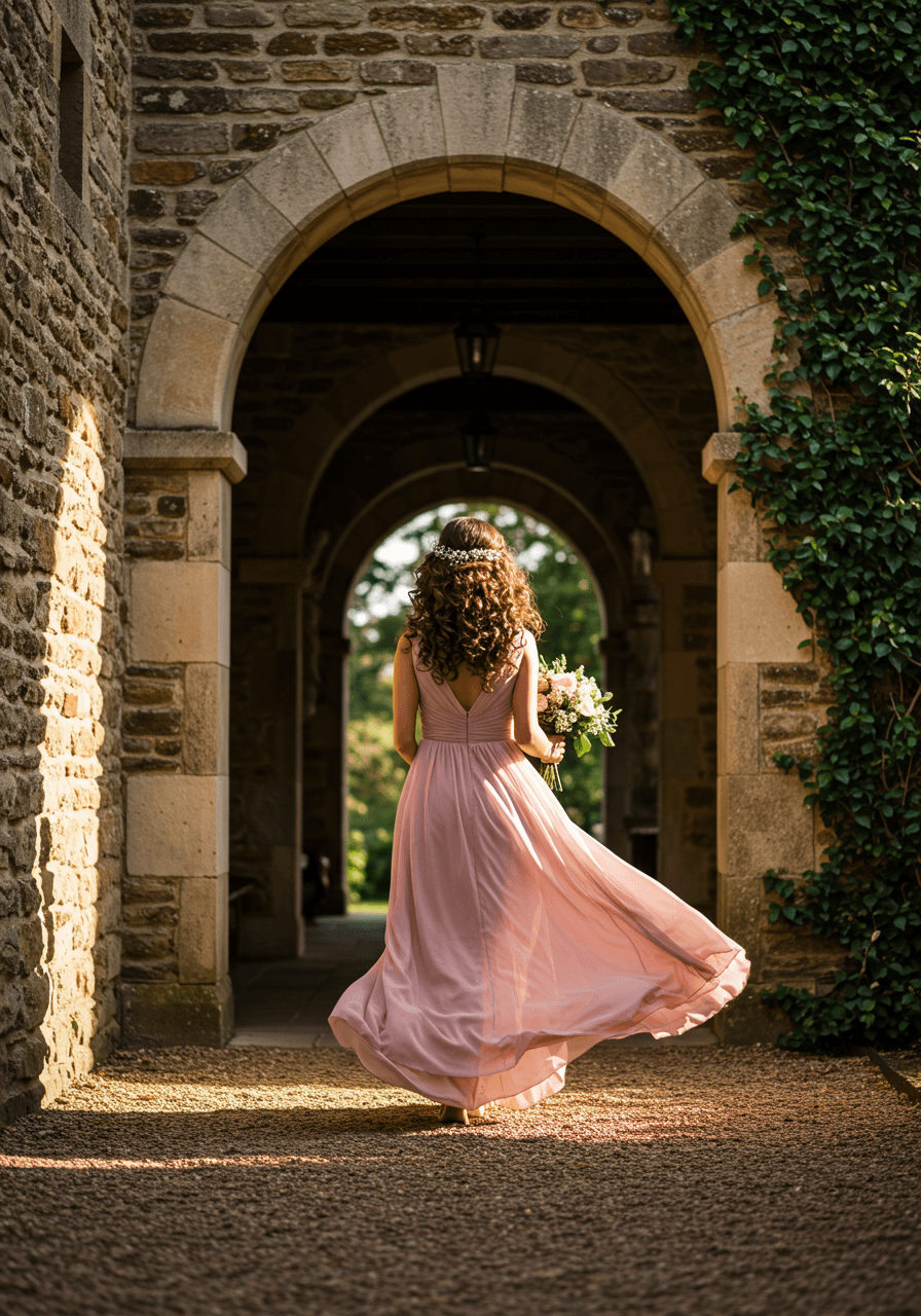 Close-up detail of low tousled bun with pearl pins and wispy tendrils on bridesmaid in sage green silk slip dress