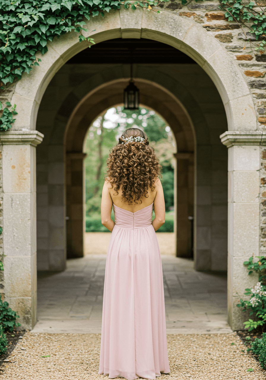 Wide shot of bridesmaid walking in sunlit garden with low tousled curly bun wearing dusty rose chiffon