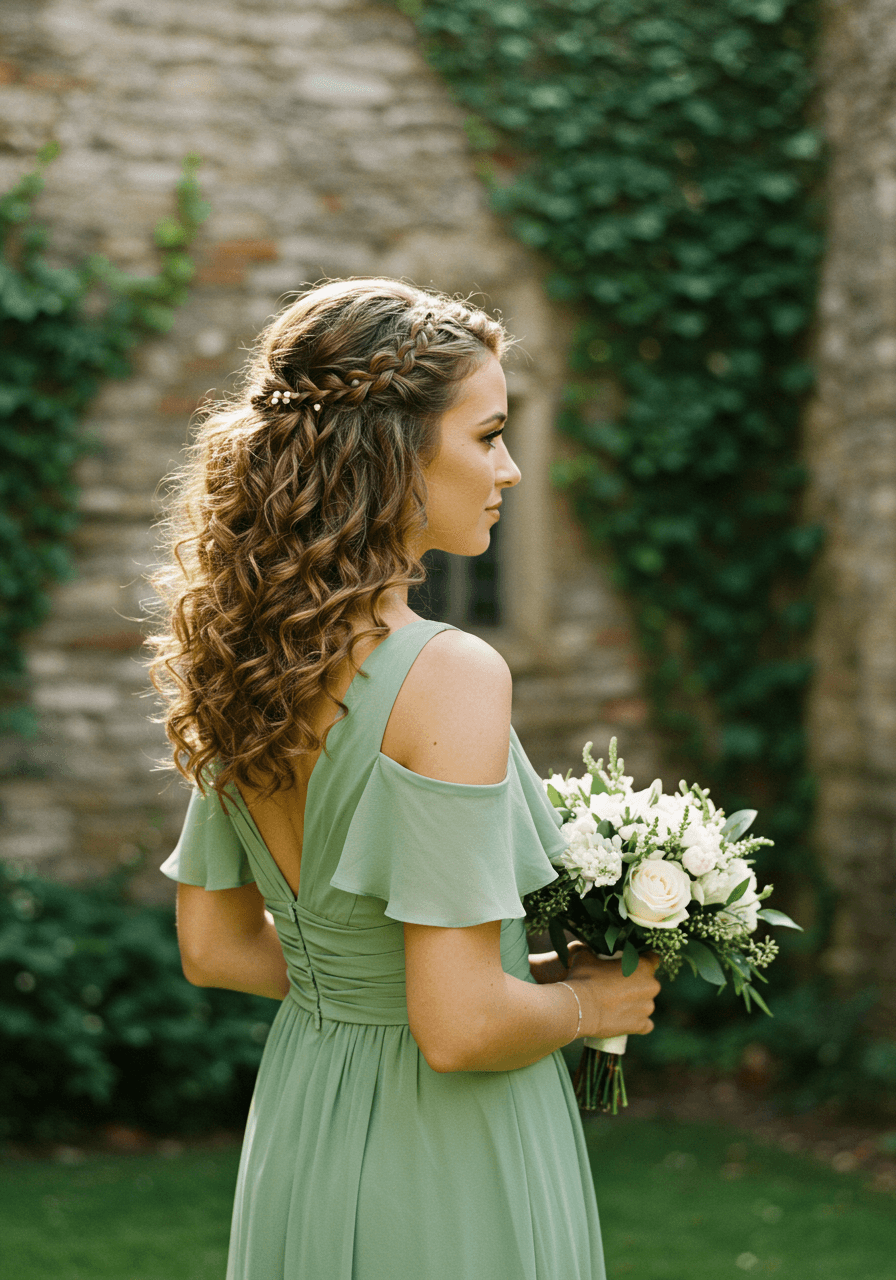 Bridesmaid with voluminous side-swept curls featuring French braid accent wearing sage green chiffon in sunlit courtyard