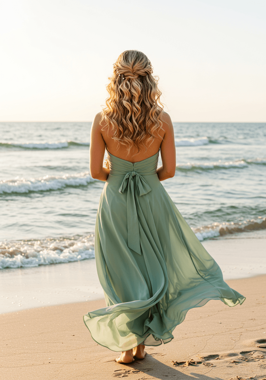 Close-up detail of tousled beach wave curls cascading over shoulder near weathered driftwood on coastal cliff