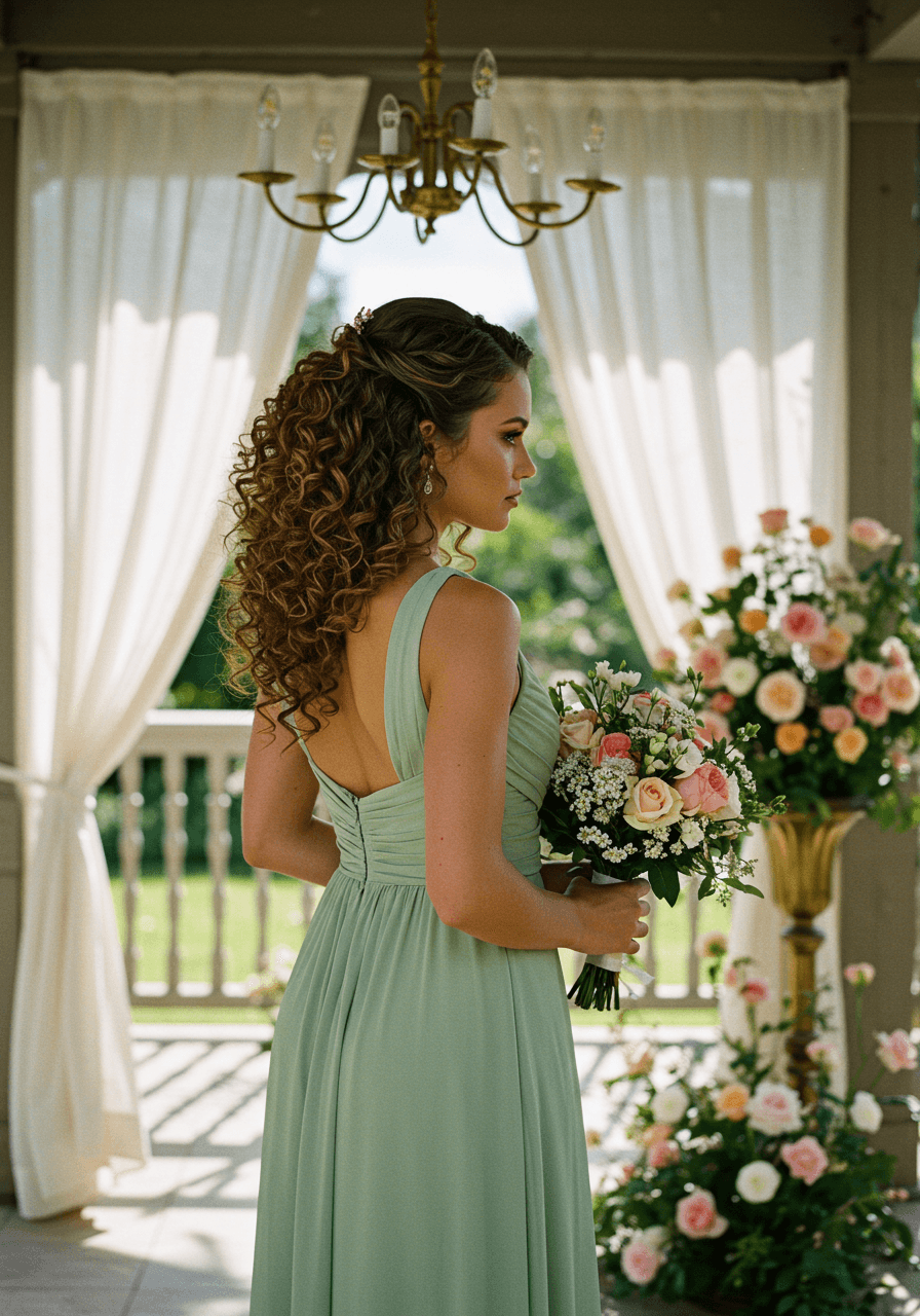 Bridesmaid with voluminous curls featuring dramatic side part wearing sage green dress in sunlit garden pavilion