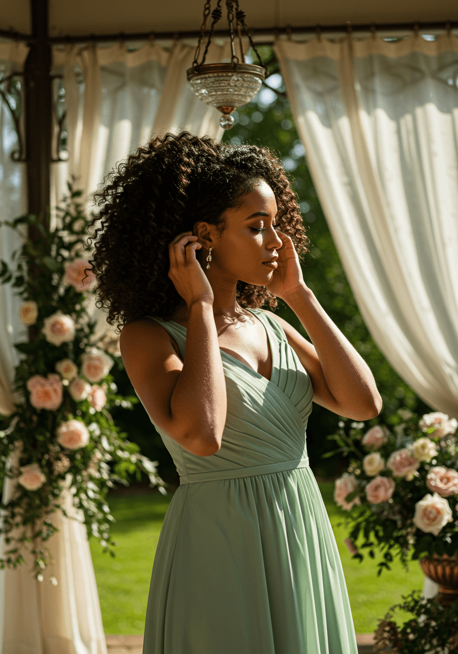 Bridesmaid adjusting dramatically side-parted curls wearing sage green chiffon with pearl accessories in garden