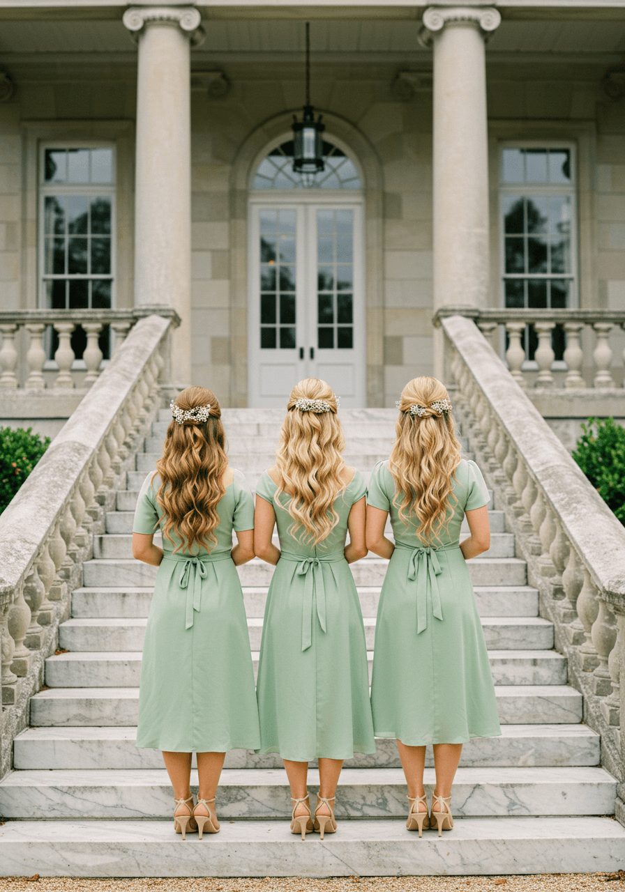 Bridesmaid with voluminous textured chignon updo wearing dusty rose dress in stone courtyard with archways during golden hour