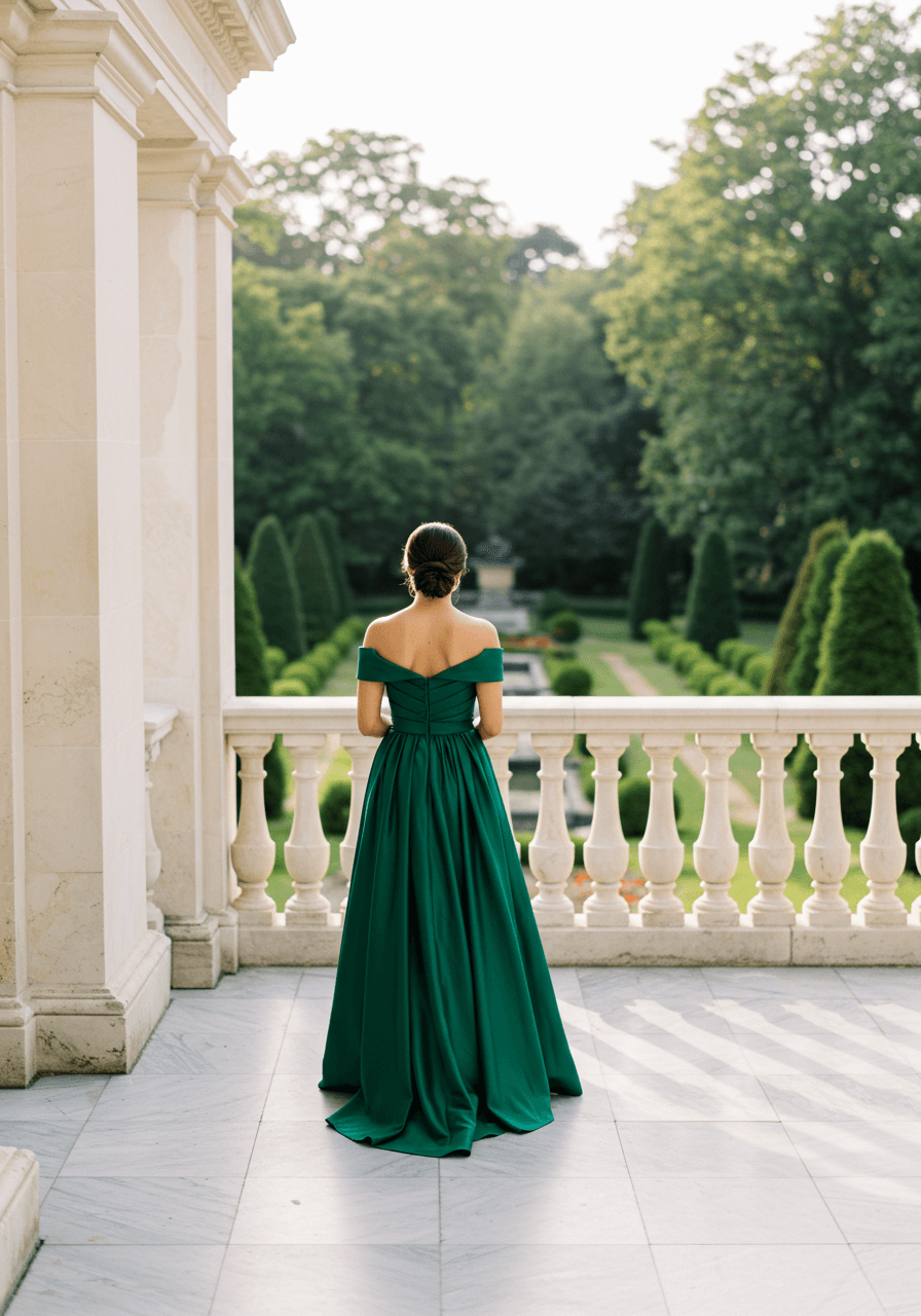 Bridesmaid in emerald green maxi dress admiring terrace view with flowing fabric caught in gentle breeze