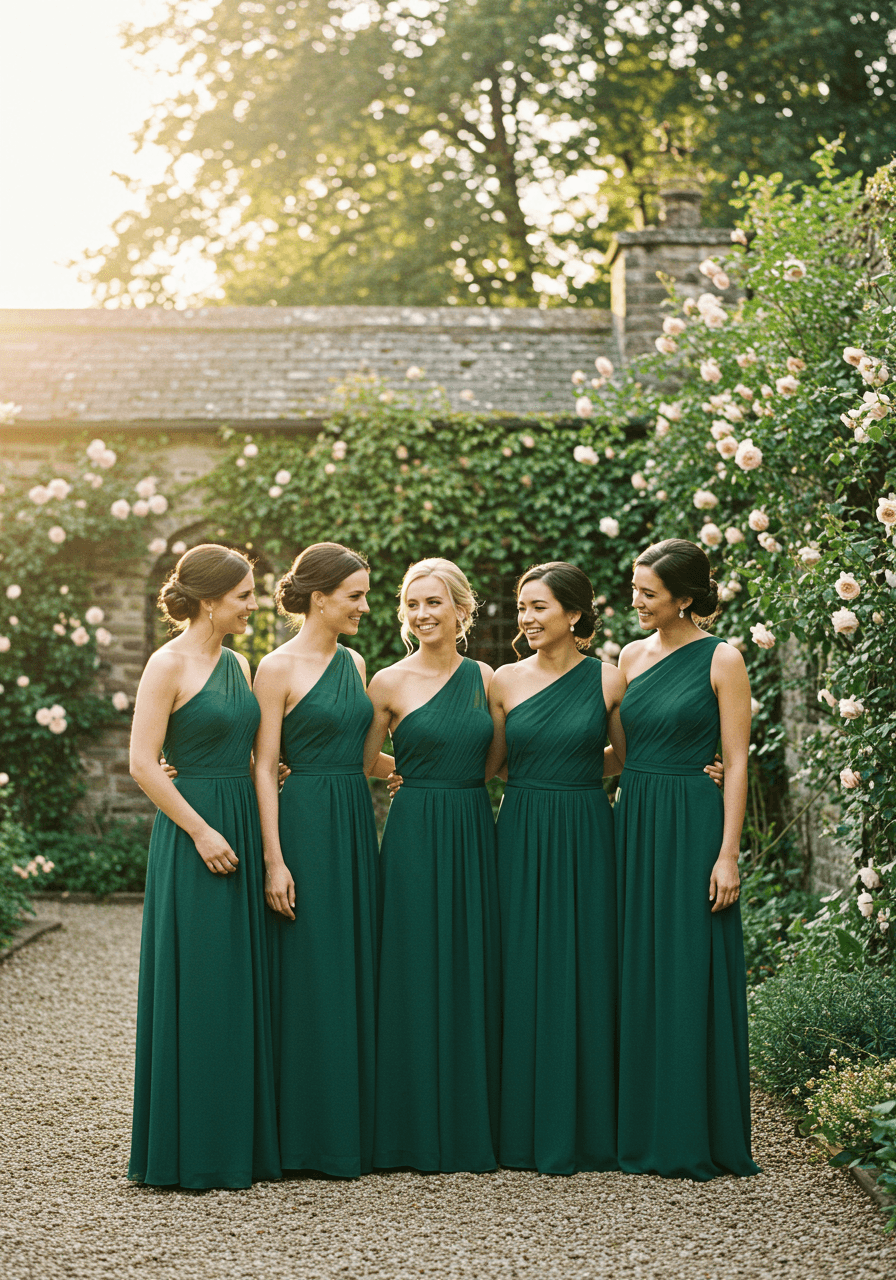 Four bridesmaids in emerald green one-shoulder gowns showcasing modern asymmetrical elegance in garden setting