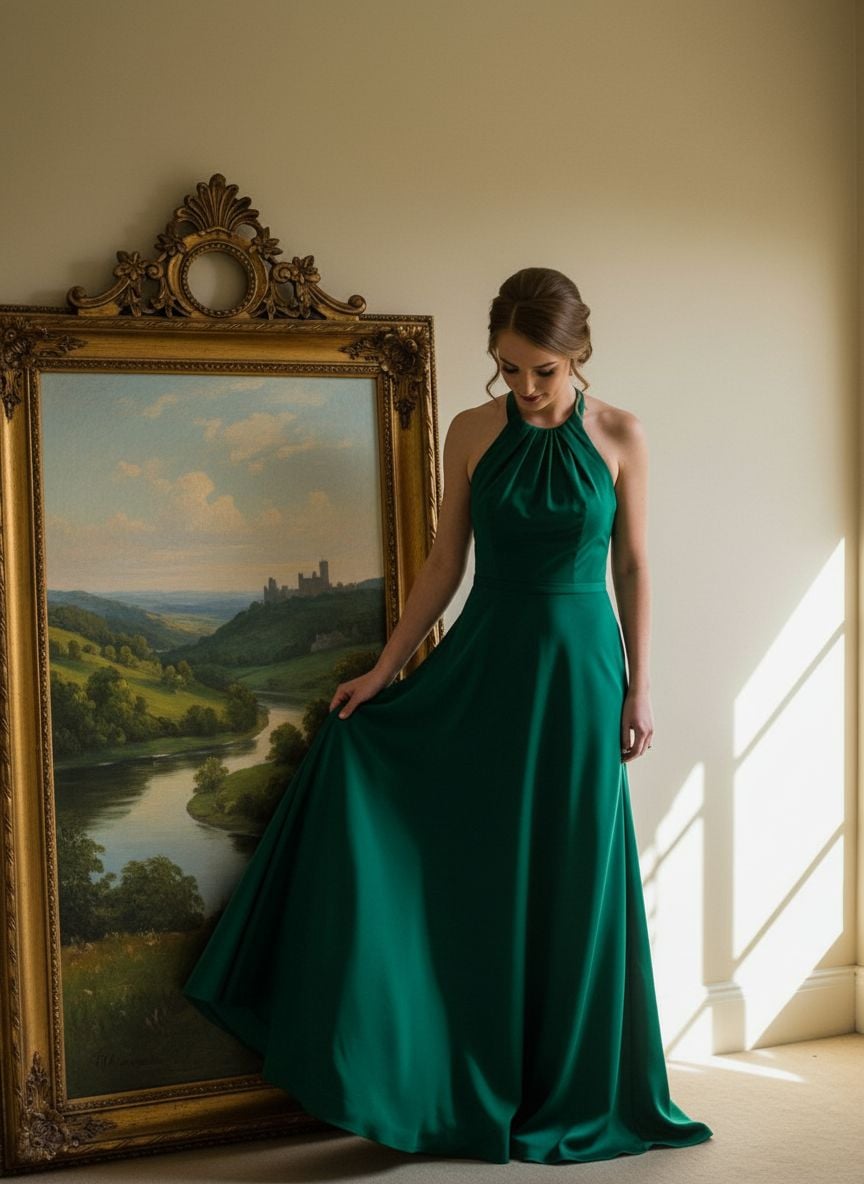 Wide view of bridesmaid in emerald halter dress getting ready in vintage room with ornate mirror
