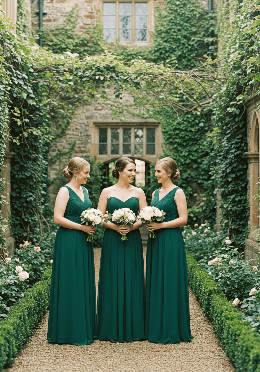 Three bridesmaids in emerald green A-line dresses standing together in a romantic garden courtyard setting