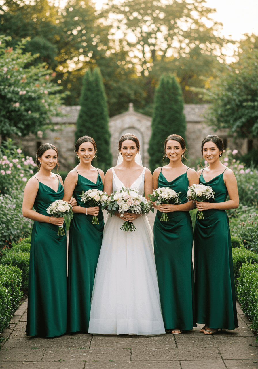 Bridal party group photo featuring bridesmaids in luxurious emerald green satin dresses in garden wedding setting